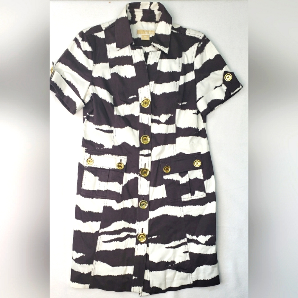 MK Utility Shirt Dress | Brown/White | Gold Buttons